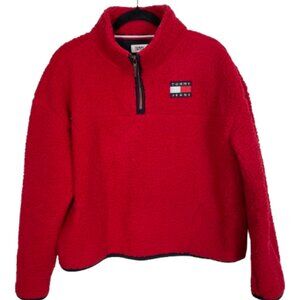 Tommy Hilfiger Quarter Zip Cropped Soft Sherpa Sweatshirt Pullover Size L Red